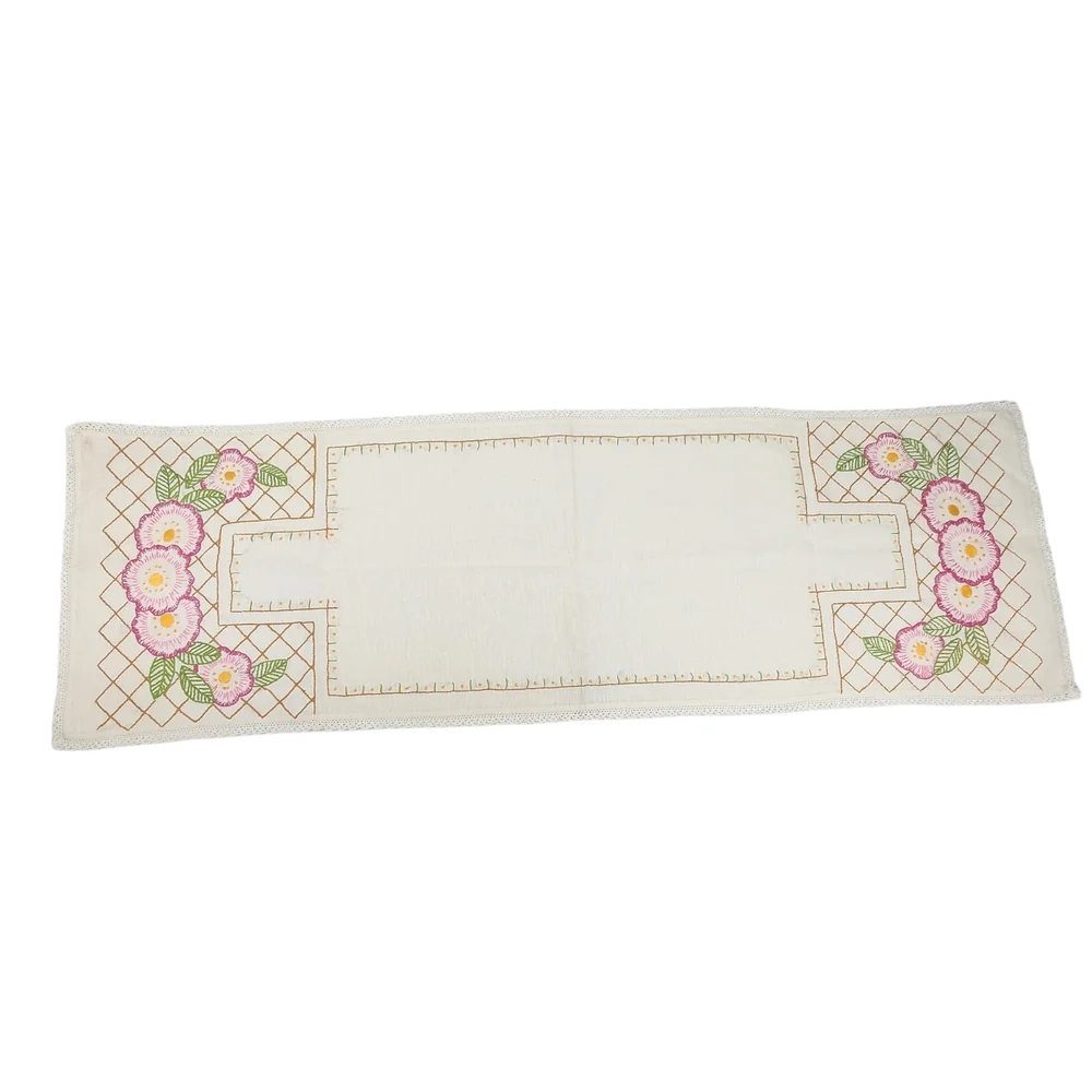 Vintage Hand-embroidered Linen Floral Table Runner Dresser Scarf 12